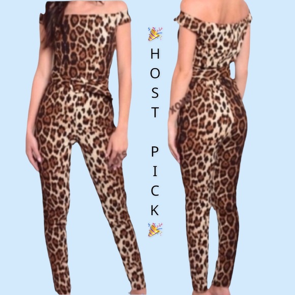 Pants - Leopard Animal Print Off The Shoulders Waist Belt Jumpsuit